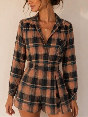 Vintage Plaid Romper in Brown & Black with Green Accent